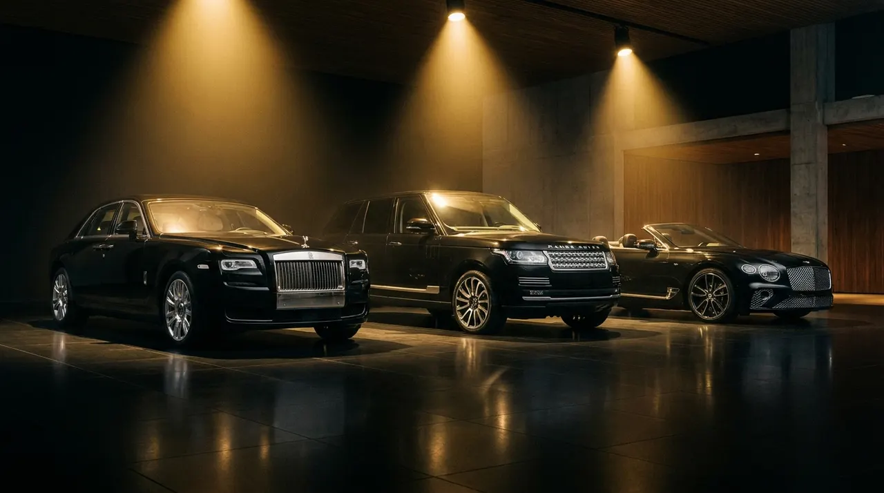 Three luxury cars in a dimly lit showroom