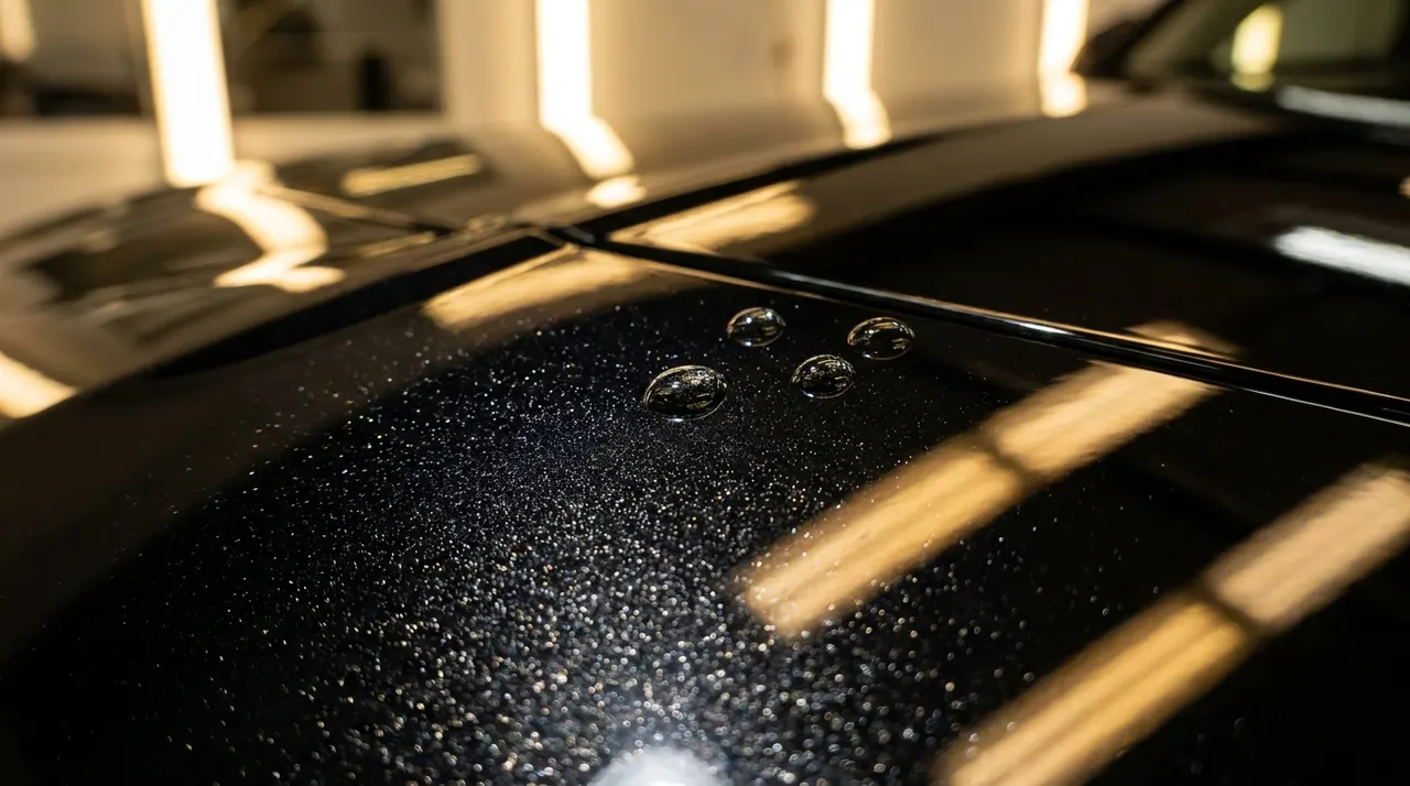 Polished black metallic paint with water beads