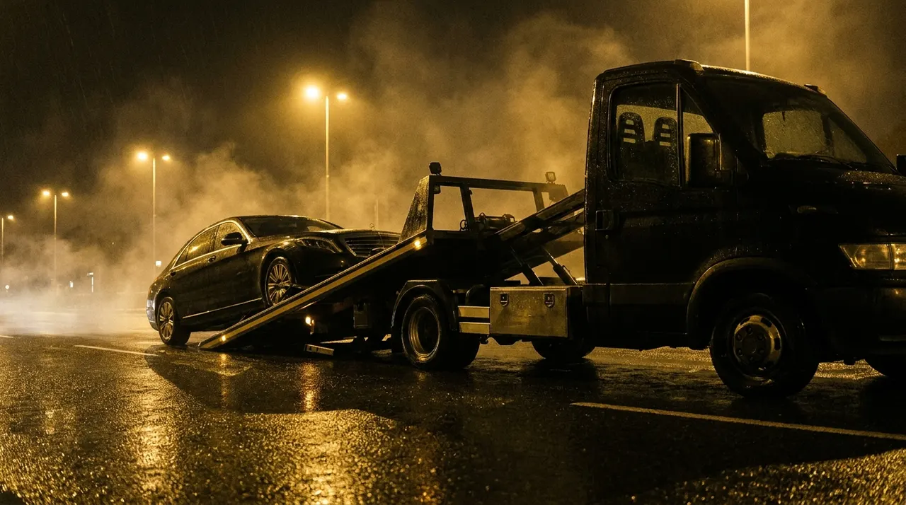 Car loaded onto a flat-bed tow truck at night